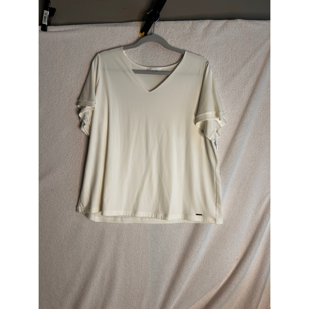 Calvin Klein Womens Cream V-Neck Layered Flutter Sleeve Blouse Top XL